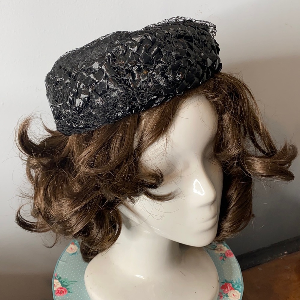 . Vintage Union Made Black Pillbox Hat - Made in the USA - Veil Mesh Over Shiny